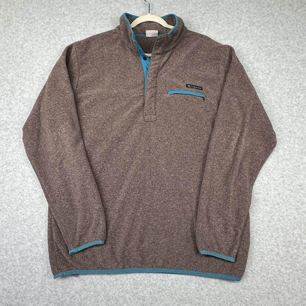 Columbia Pullover Sweater‎ Mens L Brown Blue Trim Fleece Quarter Snap-T Outdoor